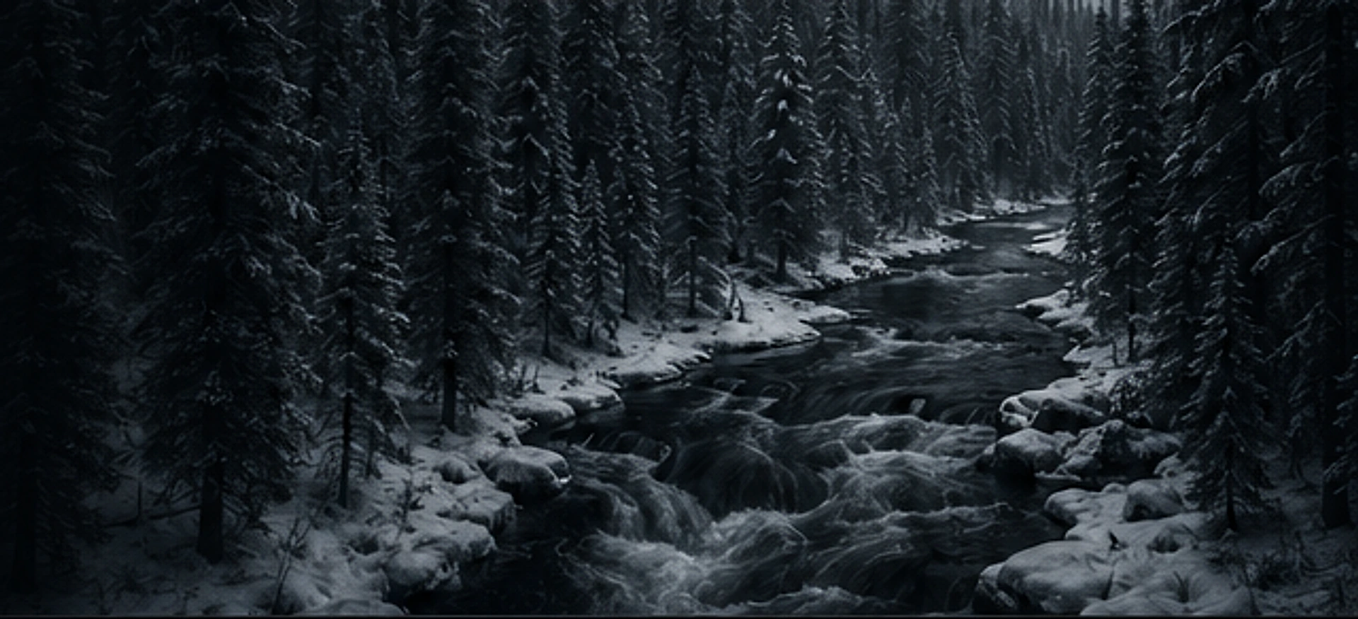 Snowy river running through a Canadian pine forest